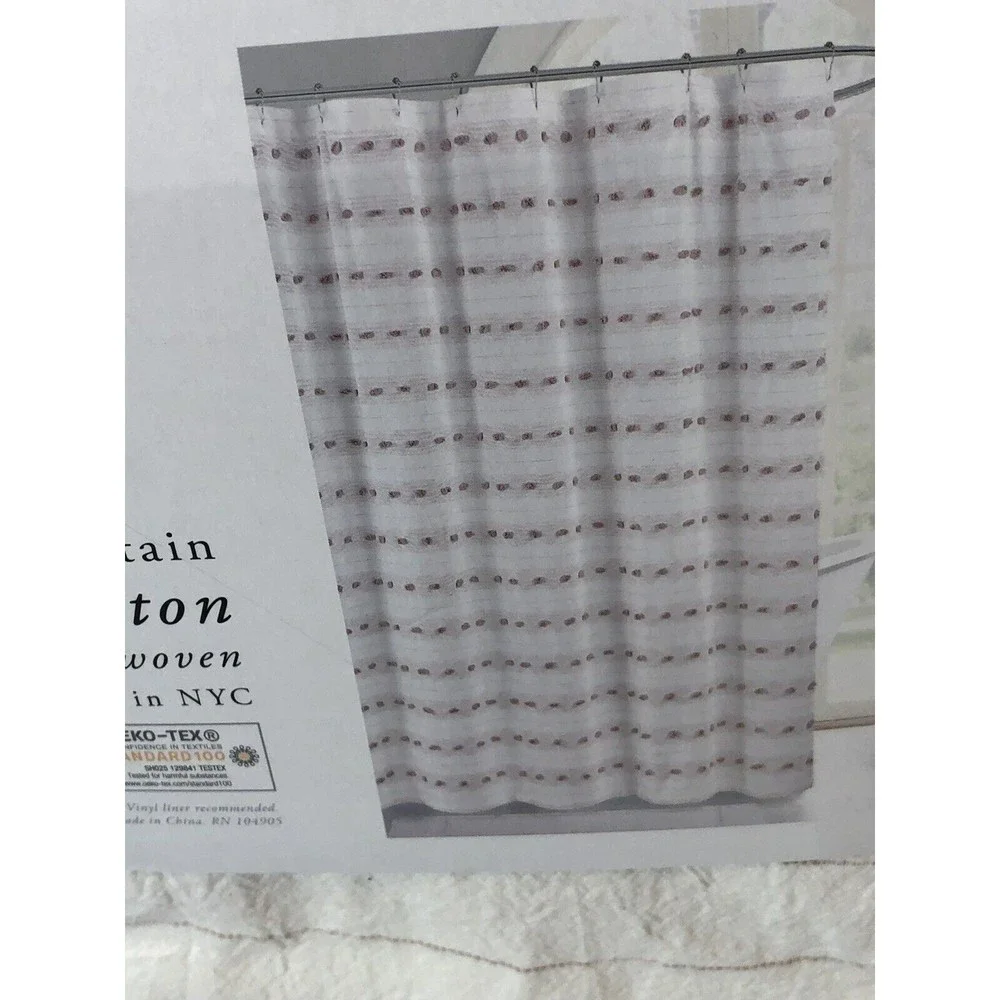The Pure Collection Fabric Shower Curtain Ivory/ Textured Mauve Tufts Cotton New